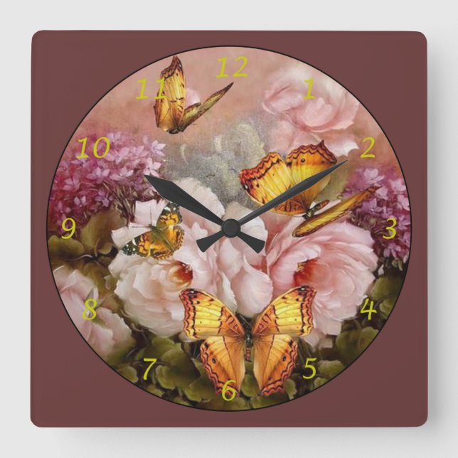 Reloj Cuadrado Mariposas en Flores (Anverso)