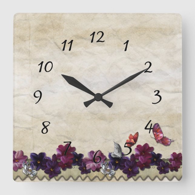 Reloj Cuadrado Mariposas florales (Anverso)