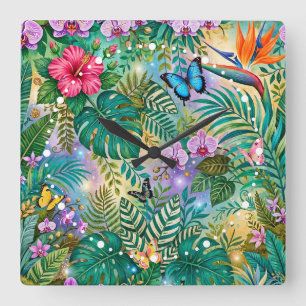 Reloj Cuadrado Mariposas Flores Fantasía Selvática Alegre