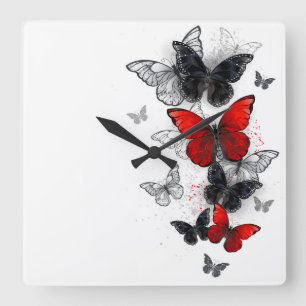 Reloj Cuadrado Mariposas Morpho voladoras negras y rojas