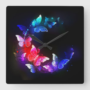 Reloj Cuadrado Mariposas nocturnas de neón brillantes sobre fondo