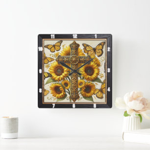 Reloj Cuadrado Mariposas Ornate Cross Sunflowers