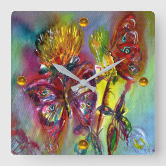 Reloj Cuadrado MARIPOSAS ROJAS EN AMARILLOS,AZUL SKY Floral