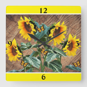 Reloj Cuadrado Mariposas Sunflower Rústica Barn Board Square Wa