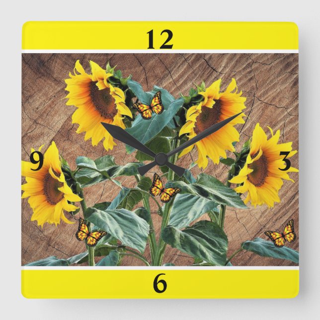 Reloj Cuadrado Mariposas Sunflower Rústica Barn Board Square Wa (Anverso)