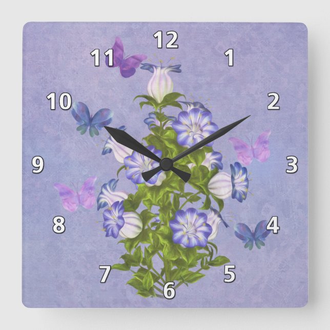 Reloj Cuadrado Mariposas y flores de Bell (Anverso)