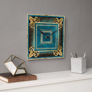 Reloj Cuadrado Mármol Azul Cobalto Art Déco Griego Floral Sin Cos