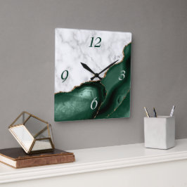 Reloj Cuadrado Mármol Blanco Ágata Verde Esmeralda Dorado Brillan