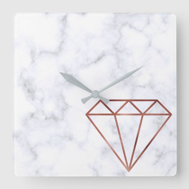 Reloj Cuadrado mármol blanco de diamante dorado claro elegante (Anverso)
