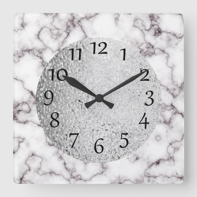 Reloj Cuadrado Mármol blanco elegante y gris con plata (Anverso)