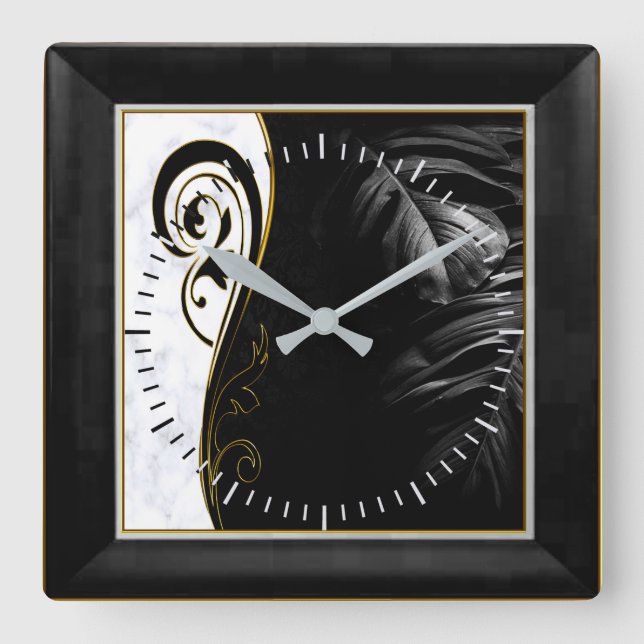 Reloj Cuadrado Mármol blanco, negro, gráfico de filigrí dorado (Anverso)