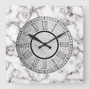 Reloj Cuadrado Mármol blanco y gris con números plateado y romano