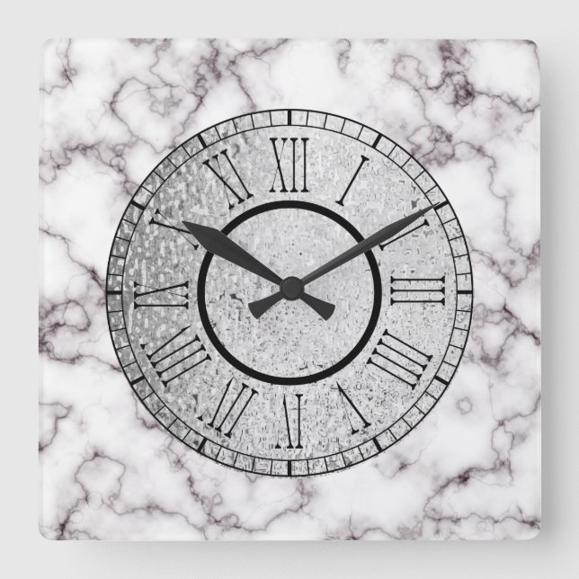 Reloj Cuadrado Mármol blanco y gris con números plateado y romano (Anverso)