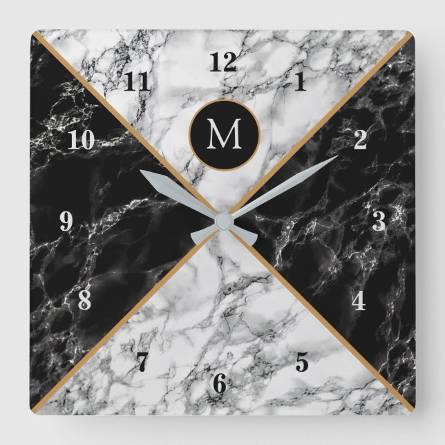 Reloj Cuadrado Mármol blanco y negro de moda: agrega tu carta (Anverso)