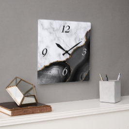 Reloj Cuadrado Mármol con brillo de oro de ágata negra elegante