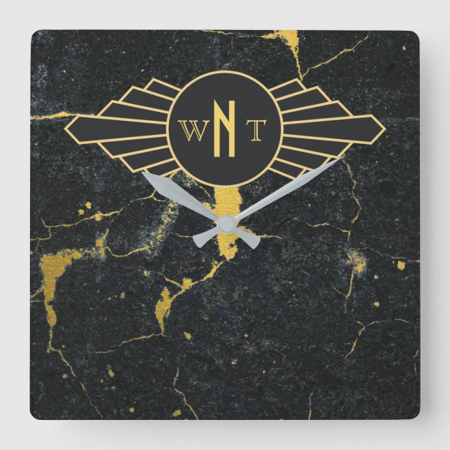 Reloj Cuadrado Mármol de oro negro tres letras Monograma Art Deco (Anverso)