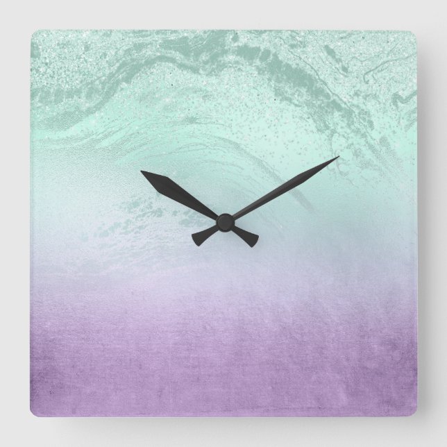 Reloj Cuadrado Mármol elegante, moderno, púrpura y purpurina de m (Anverso)