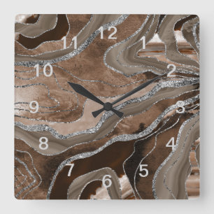 Reloj Cuadrado Mármol marrón Ágata Plata Brillo Glam #2