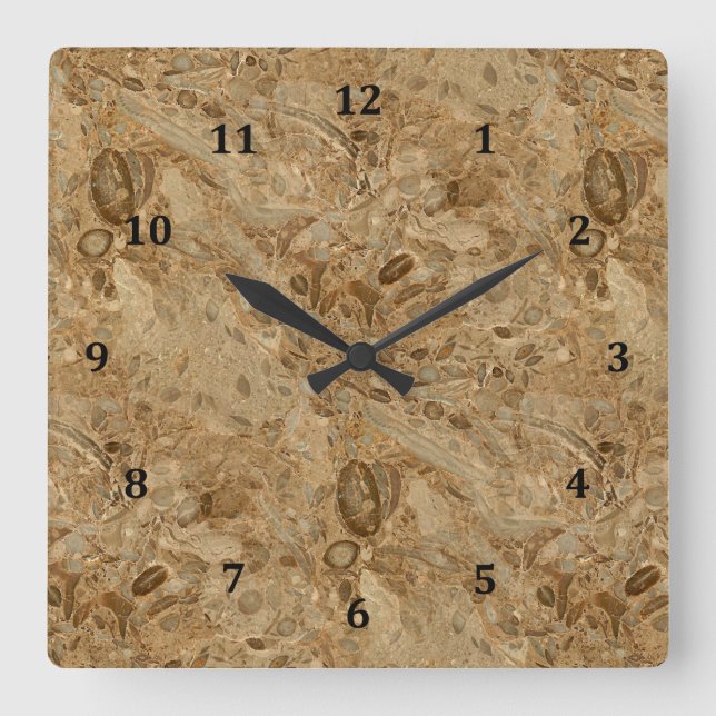 Reloj Cuadrado Marmol marrón aspecto fósil (Anverso)