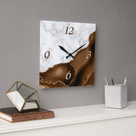 Reloj Cuadrado Mármol Marrón Mocha Elegante con Brillo Dorado