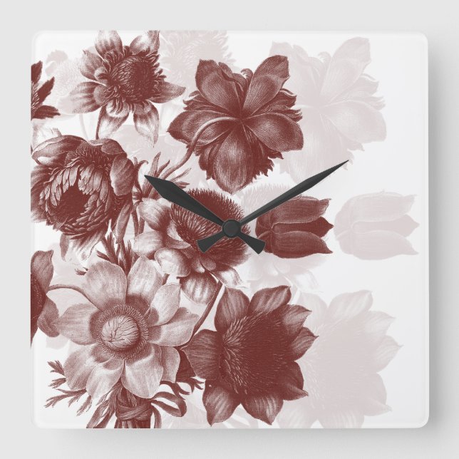 Reloj Cuadrado Maroon Elegant Flor Bouquet Wall Clock (Anverso)
