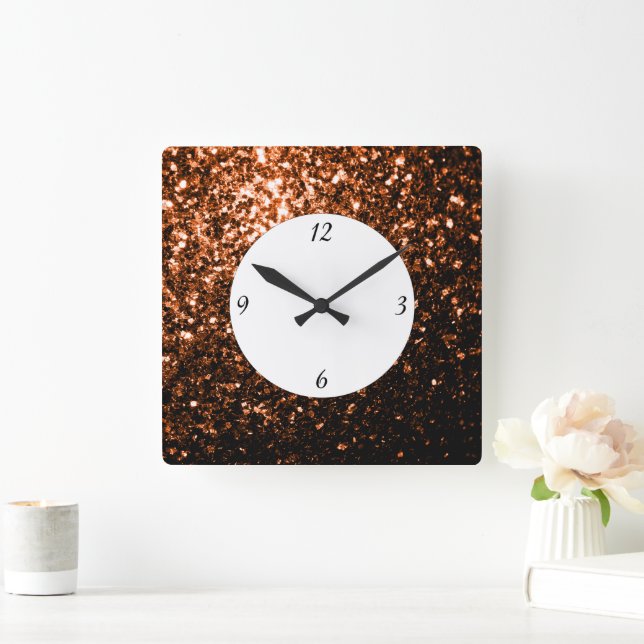 Reloj Cuadrado Marrón naranja bronce brillos chispas con números (Hogar)