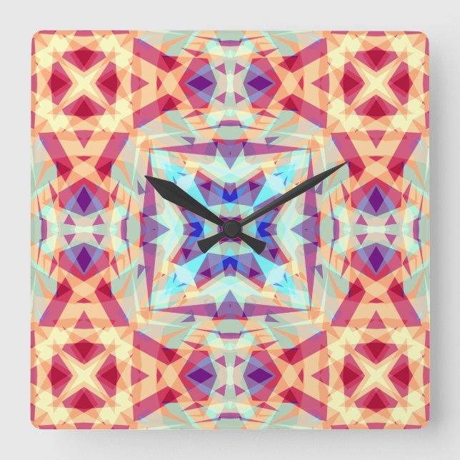 Reloj Cuadrado Marroquí geométrico rojo turquesa morado (Anverso)