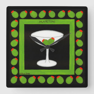Reloj Cuadrado Martini Bebe Retro Aceitunas Verdes en Negro