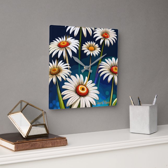 Reloj Cuadrado Más Daisies: Diversión floral y alegría (Oficina)