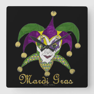 Reloj Cuadrado Máscara de Bufones de Mardi Gras Coloridos