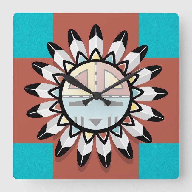 Reloj Cuadrado Máscara de hopi de arte abstracto nativo americano (Anverso)