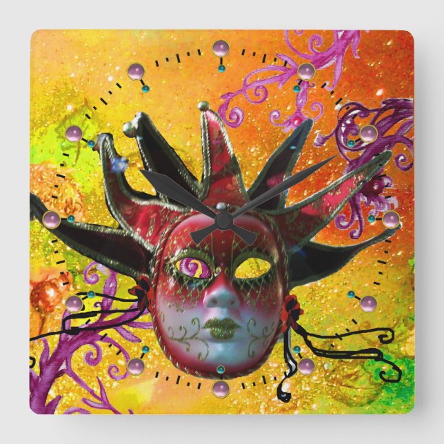 Reloj Cuadrado MÁSCARA DE MÁSCARA NEGRA Y ROJA Fiesta Amarillo (Anverso)