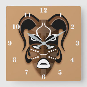 RELOJ CUADRADO MÁSCARA TRIBAL AFRICANA EN CHOCOLATE BROWN