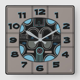 Reloj Cuadrado Máscara tribal africana moderna en negro gris azul