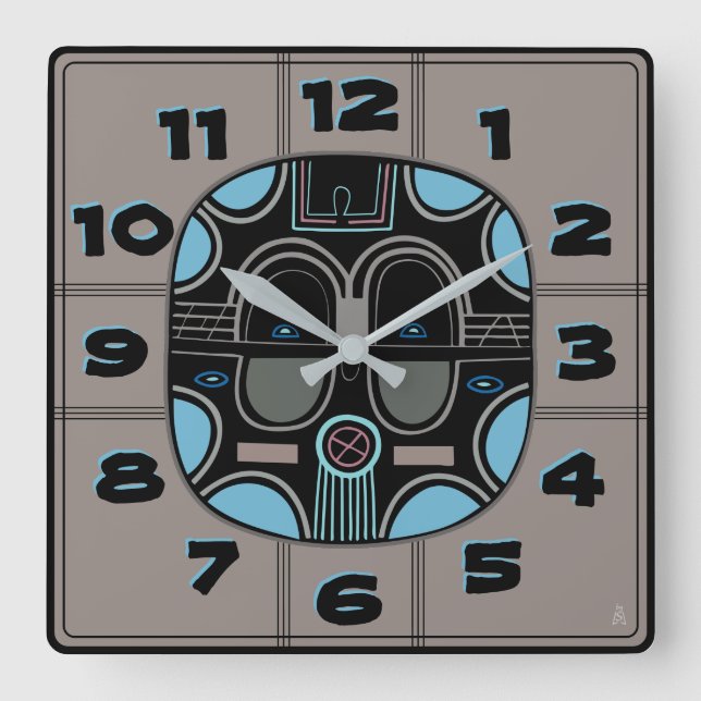 Reloj Cuadrado Máscara tribal africana moderna en negro gris azul (Anverso)