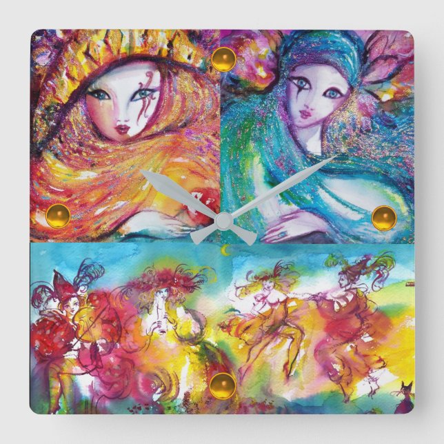 Reloj Cuadrado Máscaras de mascarada, danza y música de la noche  (Anverso)