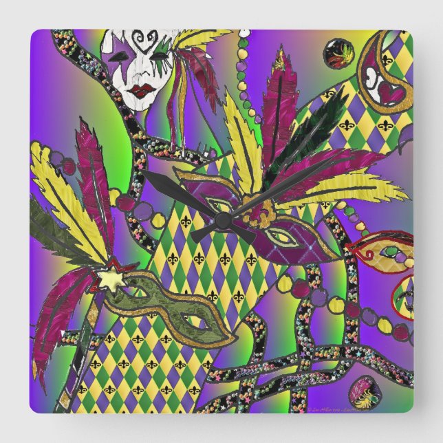 Reloj Cuadrado Máscaras de plumas de Mardi Gras psicodélicas (Anverso)