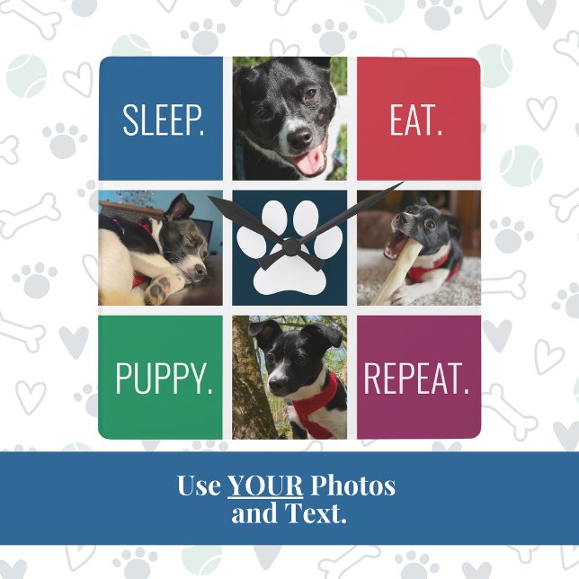 Reloj Cuadrado Mascota colorida foto de animal amante de la geomé (This dog mom custom photo and text clock is a cute, practical and unique gift for Mother's Day!)