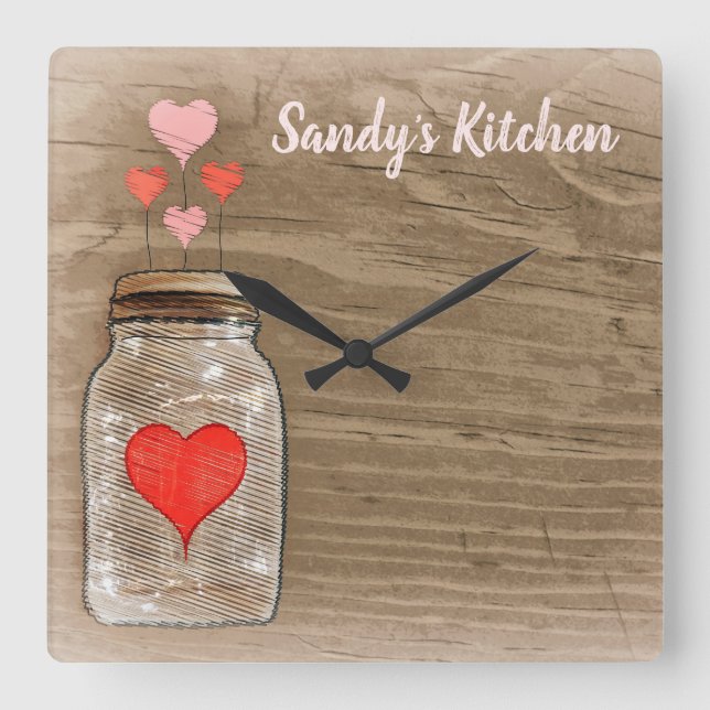 Reloj Cuadrado Mason Jar and Hearts Personalized Kitchen Clock (Anverso)