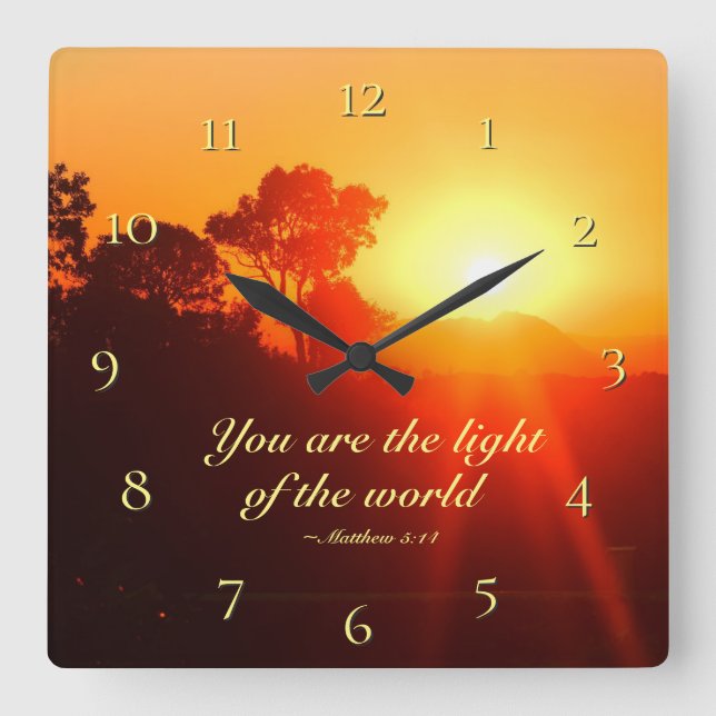 Reloj Cuadrado Mateo 5:14 Tú eres la luz del mundo, Biblia (Anverso)