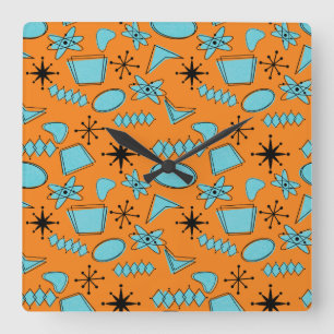 Reloj Cuadrado MCM Formas atómicas Turquesa en Naranja