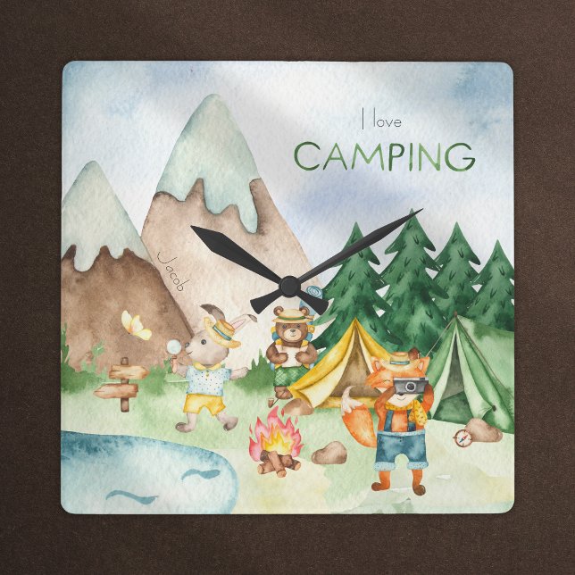 Reloj Cuadrado Me encanta acampar Woodland Animal Kids Watercolor (Subido por el creador)