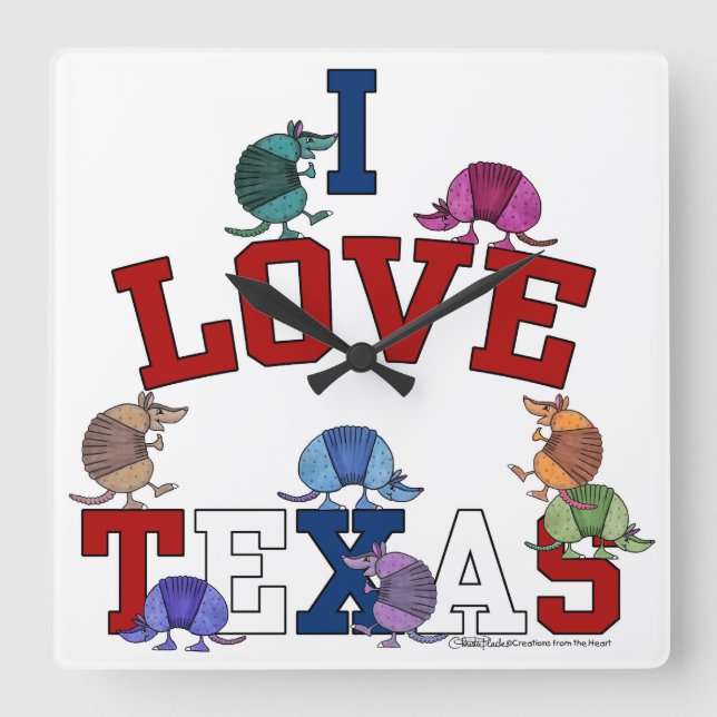 Reloj Cuadrado Me encantan los armadillos de colores de Texas (Anverso)