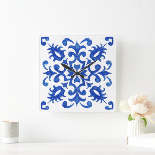 Reloj Cuadrado Medallón redondo central de azulejo azul portugués