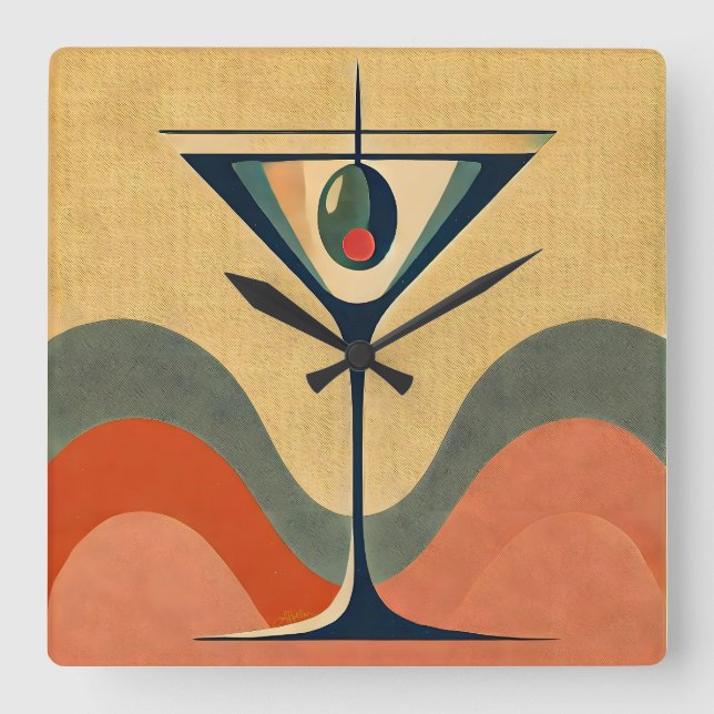 Reloj Cuadrado Mediados del siglo Moderno "ola martini de olivos  (Anverso)