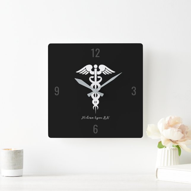 Reloj Cuadrado Médica Caduceus Personalizado profesional negro (Hogar)