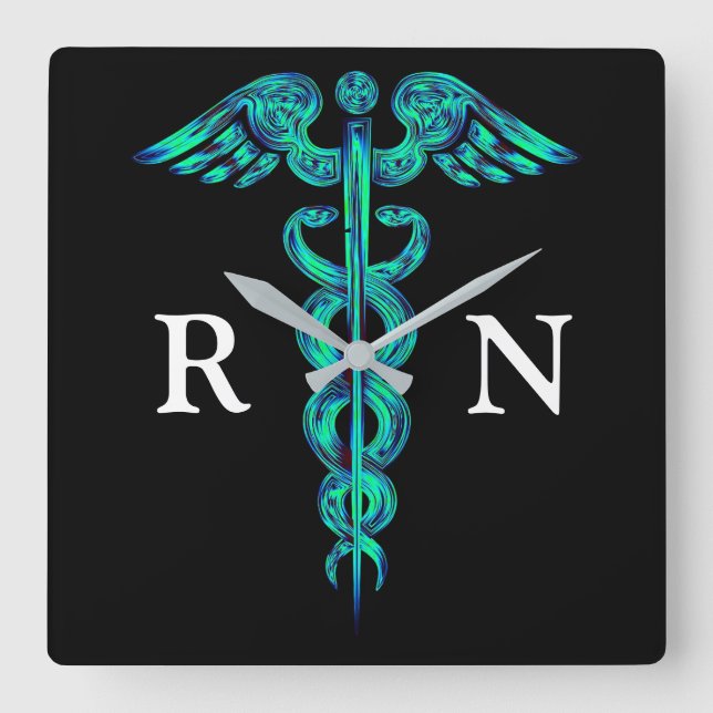 Reloj cuadrado médico del caduceo de la turquesa (Anverso)