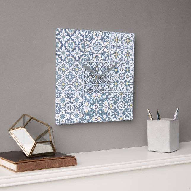 Reloj Cuadrado Mediterranean Tiles, Moroccan, Majolica, Azulejo (Oficina)