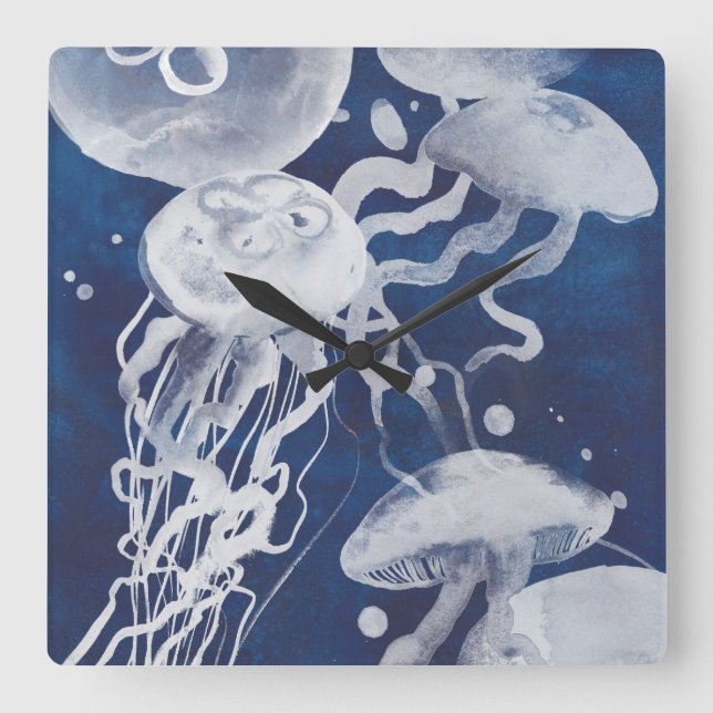 Reloj Cuadrado Medusas en fondo azul marino (Anverso)
