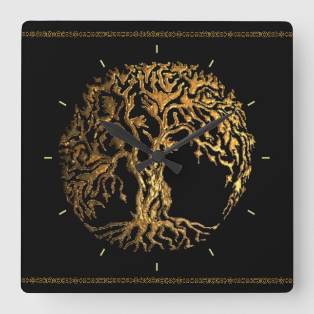 Reloj Cuadrado Mehndi Tree of Life (Gold) (Anverso)
